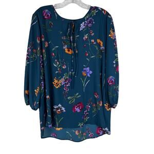 West Kei Blue Floral Blouse Size Large Stitch Fix Keyhole Tie Neck Cassia